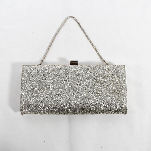 Vintage Late 90s/2000s Silver Glitter Sparkle Clutch Hard Shell Handbag - Picture 2 of 9